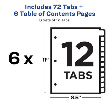 Avery 12 Tab Dividers for 3 Ring Binders, Customizable Table of Contents, Multicolor Tabs, 6 Sets (11196)