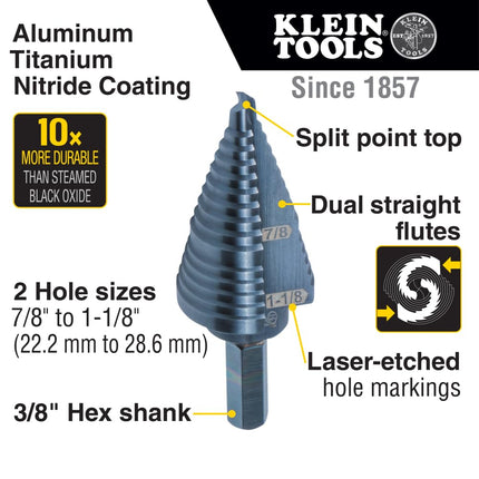 Klein Tools KTSB11 Broca escalonada 11 doble ranura de 7/8 a 1-1/8 pulgadas con marcas y objetivos fáciles de leer, vástago hexagonal de 3/8 pulgadas, negra
