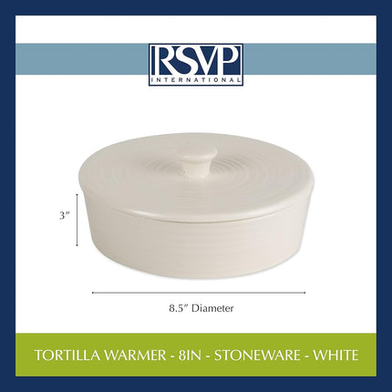 RSVP International Stoneware Tortilla Warmer & Server with Lid, Dishwasher, Microwave and Oven Safe, 8.5" Dia x 3.5", White