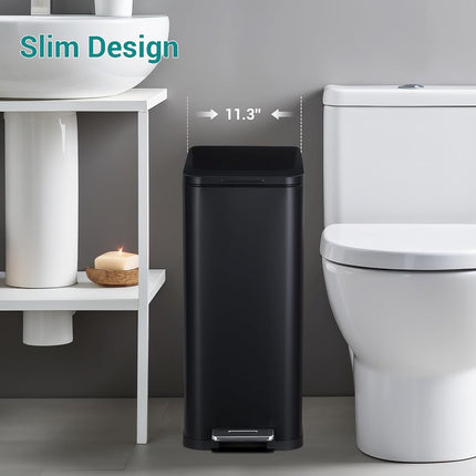 MilleLoom 13.2 Gallon / 50L Kitchen Trash Can, Slim Stainless Steel Garbage Can with Removable Inner Bucket, Fingerprint-Proof Step Rubbish Bin with Soft-Close Lid for Narrow Space, Black