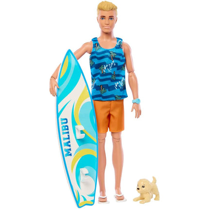 Ken Doll with Surfboard and Pet Puppy, Poseable Bl