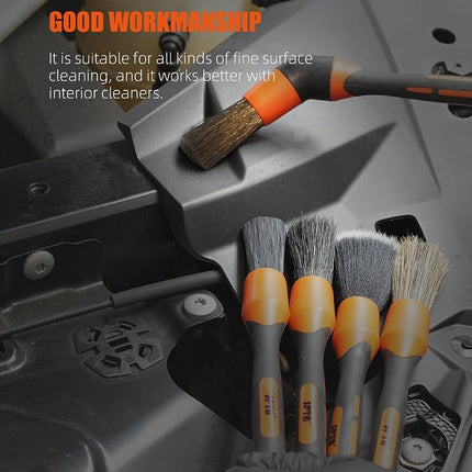SPTA Car Detailing Brush Set, 5 Pack Soft Boar Hair Auto Detail Brush Kit with Elbow for Automotive Elegant Surface Interior Exterior Dashboard Emblems Panels Engine Bay Wheels Air Vent Seat Leather