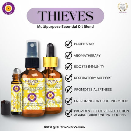 Deve Herbes Thieves Multipurpose Undiluted Essential Oil Blend 100ml (3.38 oz) with Pre-Diluted Ready-to-Use Roll-on 10ml (0.33 oz)