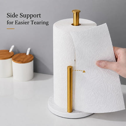Brushed Gold Paper Towel Holder,Stainless Steel Paper Towel Holder for Kitchen Roll Organize, Standard or Jumbo-Sized Roll Paper, Countertop Roll Dispenser with Marble Base