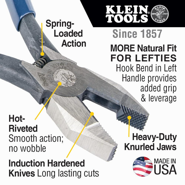 Klein Tools D201-7CSTLFT Ironworker Side Cutting Pliers to Twist and Cut Rebar Tie Wire, Left Handed and Spring Loaded, 9-Inch