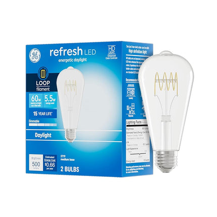 GE Refresh HD Daylight 60W ST19 Bulbs Loop Filament (2 Pack)