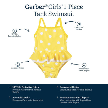 Traje de baño de una pieza Gerber para niñas, amarillo con puntos blancos, 12 meses