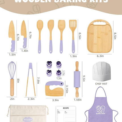 Wooden Kids Cooking Set Montessori Kit - Real Toddler Kitchen Tools & Baking Utensils - 15PCS Cooking Kit for Kids with Storage Bag, Great Gift for Pretend Play & Montessori Learning (Purple)