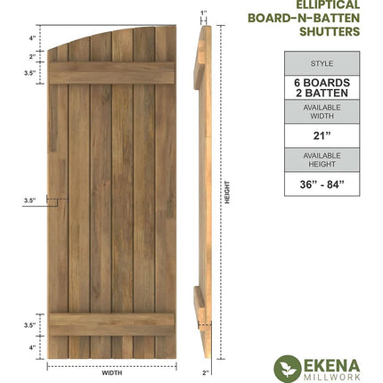 Ekena Millwork ARW101BE621X53UNH Americraft Six 2 Exterior Real Wood Joined Board-n-Batten Shutters w/Elliptical Top (Per Pair), 21"W x 53"H, Unfinished