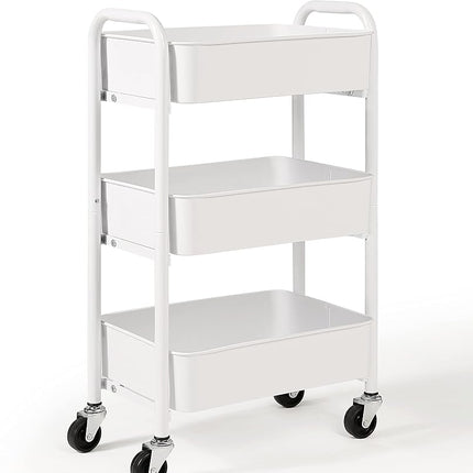 SunnyPoint Chariot de rangement mobile compact en métal à 3 niveaux – Chariot de service de cuisine/sous le bureau avec roulettes (WHT, Compact (15,5" X 26,8" X 10,27"))
