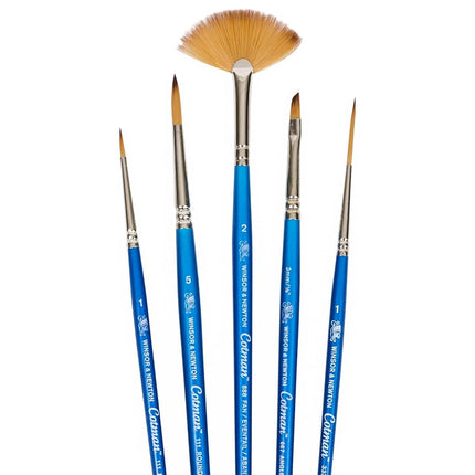 Winsor & Newton, Cotman Watercolour Synthetic Brushes, Short Handle, Pack of 5 (1 and 5 Round, 1 Rigger ,2 Fan, 3mm Angled)