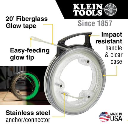 Fish Tape, Glow Fish Tape Kit with 20-Foot Fiberglass Tape, Illuminated Fish Rod Tip and Fish Rod Attachments, 6-Piece Klein Tools 80050
