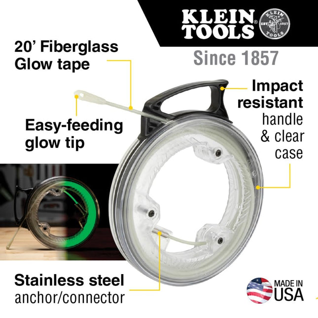 Fish Tape, Glow Fish Tape Kit with 20-Foot Fiberglass Tape, Illuminated Fish Rod Tip and Fish Rod Attachments, 6-Piece Klein Tools 80050