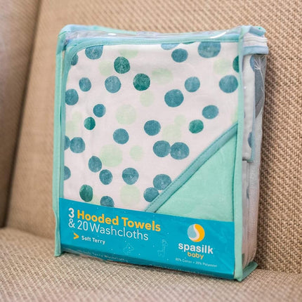 Spasilk Bath Hooded Towels & Washcloths Set for Babies, 23-Piece Gift Set, Green Dots