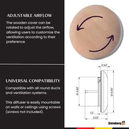 Steinberg14 Wooden Air Diffuser - 5 Inch Universal Supply and Exhaust Valve - 125mm Adjustable Vent Cover - Round Wall Ceiling Vent - Black Alder Wood Air Vent - Ventilation Grille for Sauna