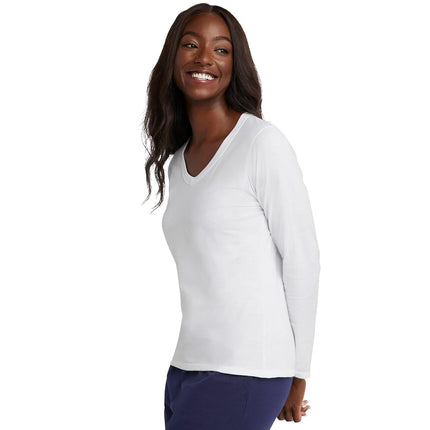 Hanes Women's Originals Long Sleeve Cotton T-Shirt, Lightweight V-Neck Tee, Modern Fit, White, M