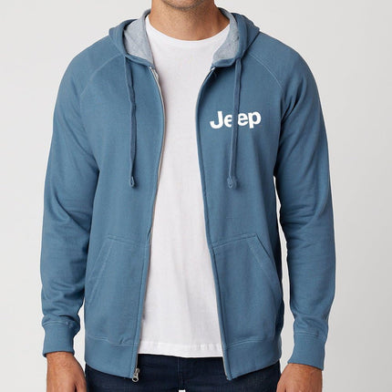 Sudadera con capucha y cremallera completa de felpa francesa Jeep - Azul pizarra - Sudadera unisex ligera supersuave con logo bordado, Azul pizarra, L