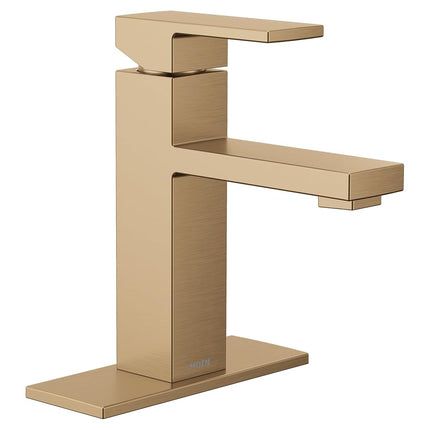 Moen Revyl Bronzed Gold One-Handle Single Hole Modern Bathroom Sink Faucet with Optional Deckplate and Spring Loaded Drain Assembly, 84771BZG