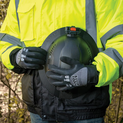KLEIN TOOLS 60839 Winter Work Gloves, Knit Dipped ANSI A4 Cut Resistant Gloves, Sandy Latex Coated, Fleece-Lined, Touchscreen Capable, Large