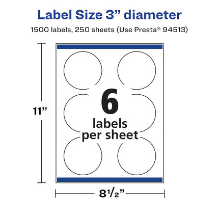 Avery Matte White Round Labels with Sure Feed, 3" Diameter, 1,500 Matte White Printable Labels