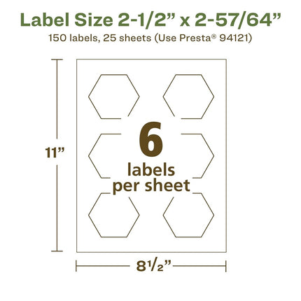 Avery EcoFriendly Matte White Recycled Hexagon Labels, 2-1/2" x 2-57/64", Print-to-The-Edge, Matte White Labels, Permanent Adhesive, Laser/Inkjet Printable, 150 Total