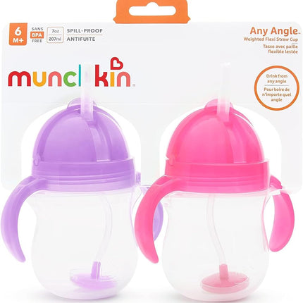 Munchkin Any Angle Click Lock Weighted Straw Trainer Cup, Pink/Purple, 7oz, 2pk