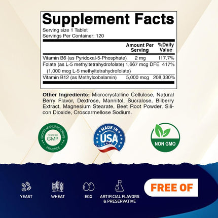 Vitamatic Methyl Folate & B12 Supplement with Pyridoxal 5 Phosphate (P-5-P) - Promotes Cardiovascular Health & Energy Metabolism - 120 Fast Dissolve Tablets - Non GMO & Gluten Free
