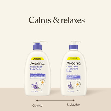 Aveeno Stress Relief Body Wash with Nourishing Oat & Lavender Scent for Sensitive Skin, Gently Cleanses & Helps You Feel Calm & Relaxed in the Shower, Soap-Free, 33 fl. oz