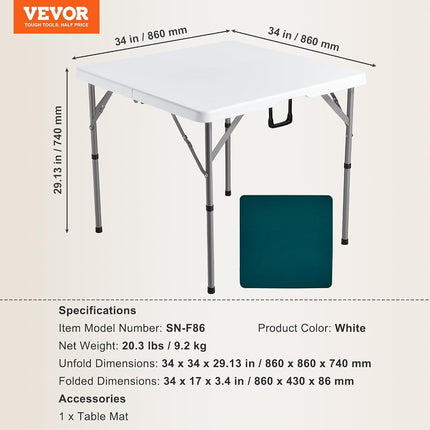 VEVOR Mahjong Table, Fold-in-Half 4 Player Card Table with Wear-Resistant Green Tabletop, Portable Bi-Folding Square Domino Table with Carrying Handle for Outdoor Camping Picnic Party, 90 x90-inch