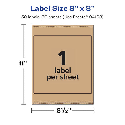 Avery Kraft Brown Square Labels with Sure Feed, 8" x 8", 50 Kraft Brown Labels, Laser/Inkjet Printable Labels