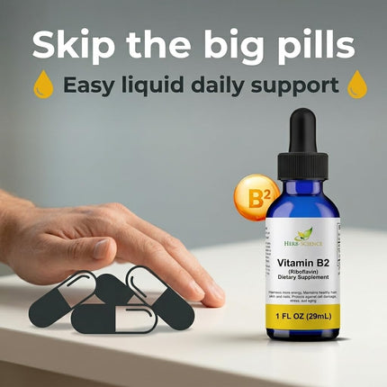 Herb-Science Liquid Vitamin B2 Riboflavin Drops, Alcohol-Free Liquid Extract Support Digestion, Maintain Proper Energy Levels, Boost Collagen Production for Healthy Hair, Nails, Skin, (1 oz)