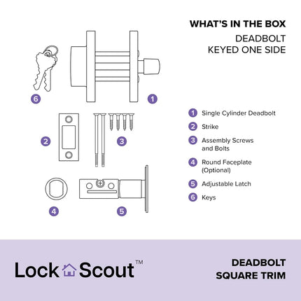 Lock Scout Straight Lever with Square Trim Keyed Entry Door Handle and Single Cylinder Deadbolt, Matte Black Finish
