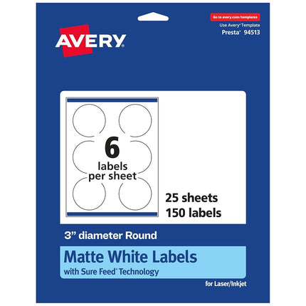 Avery Matte White Round Labels with Sure Feed, 3" Diameter, 150 Matte White Printable Labels