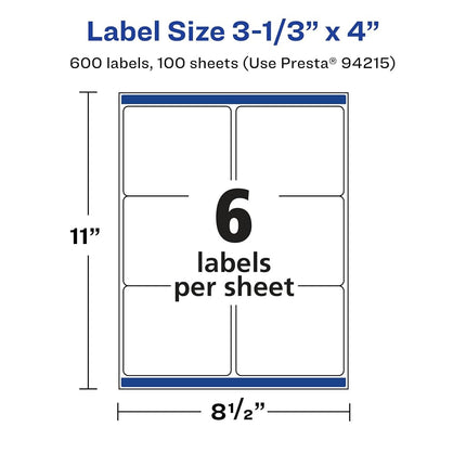 Avery Matte White Rectangle Labels with Sure Feed, 3-1/3" x 4", 600 Matte White Printable Labels