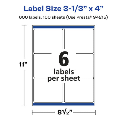 Avery Matte White Rectangle Labels with Sure Feed, 3-1/3" x 4", 600 Matte White Printable Labels
