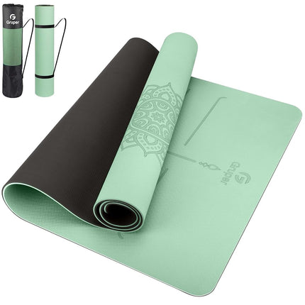 Tapis de yoga antidérapant en TPE avec lignes d'alignement, grandes tailles 183 cm L x 81 cm l x 0,8 cm É ou 0,6 cm É, tapis d'exercice et de fitness résistant aux déchirures pour le yoga, le pilates et les exercices au sol (vert et noir, épaisseur 8 mm)