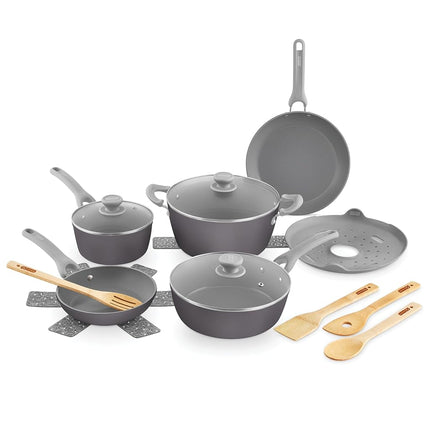 DASH Dream Green Ceramic Recycled Aluminum 15 Piece Cookware Set- Slate Grey