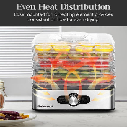 Déshydrateur alimentaire Elite Gourmet, déshydrateur alimentaire avec plateaux en acier inoxydable, commandes de température réglables, pour viande séchée, herbes, fruits, légumes, collations, 5 plateaux