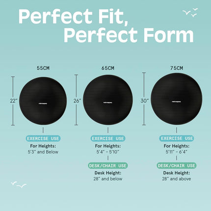 Retrospec Luna Exercise Ball, Base & Pump/Ball & Pump with Anti-Burst Material - Fitness Gym Swiss Ball - Perfect for Balance, Stability, Yoga, Pilates, Pregnancy & Birthing - 65cm - Black