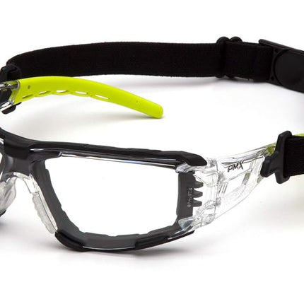 Pyramex Fyxate Safety Glasses Clear Lens H2MAX AF with Foam Padding and Lime Temples
