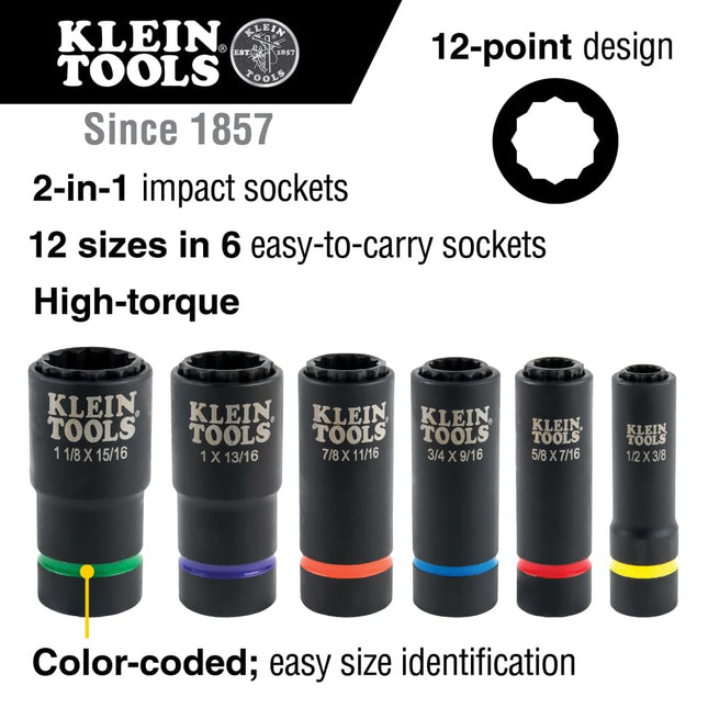 Klein Tools 66015 2-in-1 Impact Socket with 12-Point Deep Sockets, Coaxial Spring Loaded in 1- and 13/16-Inch Sizes