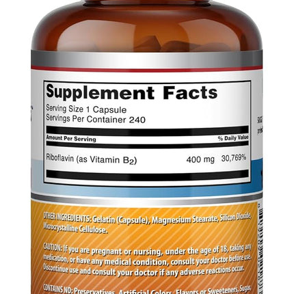 Amazing Formulas Riboflavin Dietary Supplement - 400 Milligrams - Promotes Healthier Blood - Helps Maintain Nervous System. (240 Capsules) (Non-GMO)