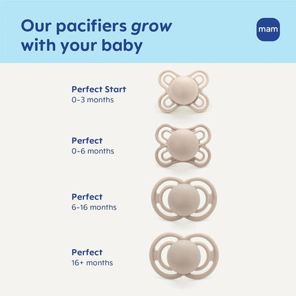 Sucette MAM Perfect 6-16 mois, tétine extra-fine, développée avec des orthodontistes, prouvée cliniquement, brille dans le noir, silicone sans BPA, pack de 2, fabriquée en Europe