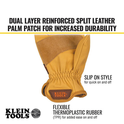 Klein Tools 60602 Work Gloves, Premium Cowhide Leather Gloves, Abrasion-Resistant Split Leather Palm Patch, Small