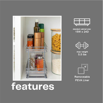 Household Essentials Glidez Paint-Finished Steel Pull-Out/Slide-Out Storage Organizer with Plastic Liner for Spice Rack Use - 2 -Tier Design - Fits Standard Size Cabinet or Shelf, Brushed Silver