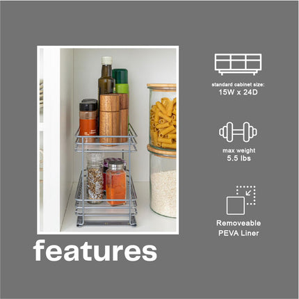 Household Essentials Glidez Paint-Finished Steel Pull-Out/Slide-Out Storage Organizer with Plastic Liner for Spice Rack Use - 2 -Tier Design - Fits Standard Size Cabinet or Shelf, Brushed Silver