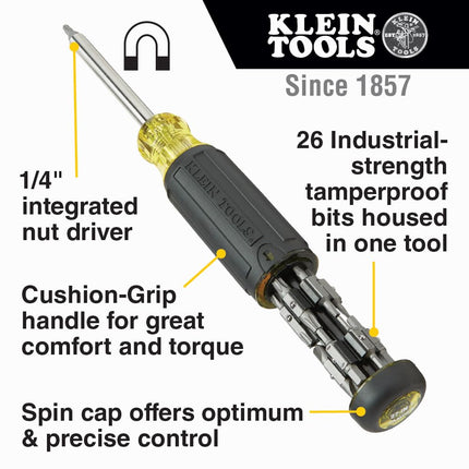 Klein Tools 32307 Destornillador de seguridad de puntas múltiples, herramienta 27 en 1 con puntas Torx, hexagonales, Torq y Spanner con desarmador de caja de 1/4''