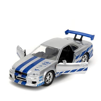 Jada JA97184 1:32 Brian's 1999 Nissan Skyline GT-R (R34) -Silver/Blue, Gris/Bleu