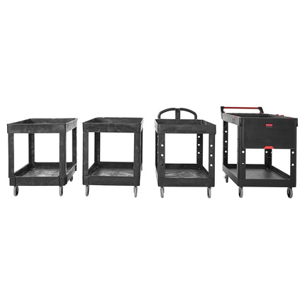 Rubbermaid Commercial Products Heavy-Duty Utility Cart, Flat Handle, 2 Lipped Shelves, Medium, Black (FG452089BLA)