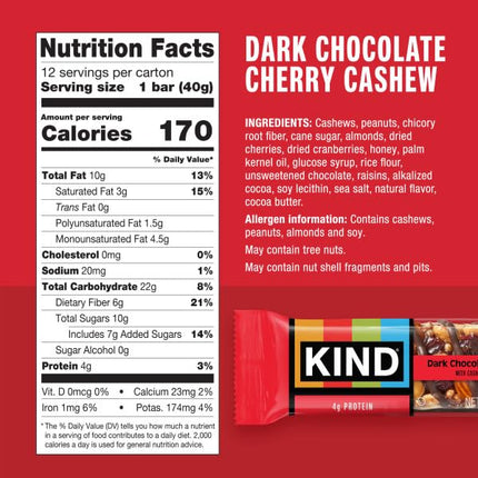 KIND PLUS, Cerise Chocolat Noir Noix de Cajou + Antioxydants, Barres Sans Gluten (Lot de 12)